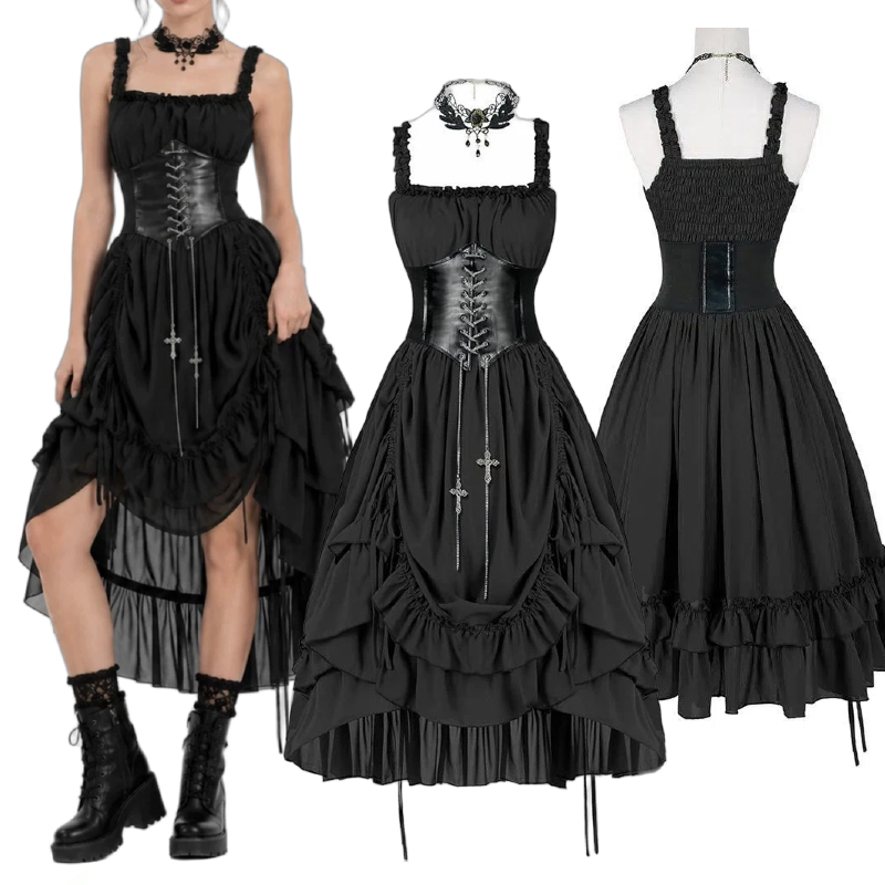 Midi Dress - Vestido Gótico Feminino com Corset Preto