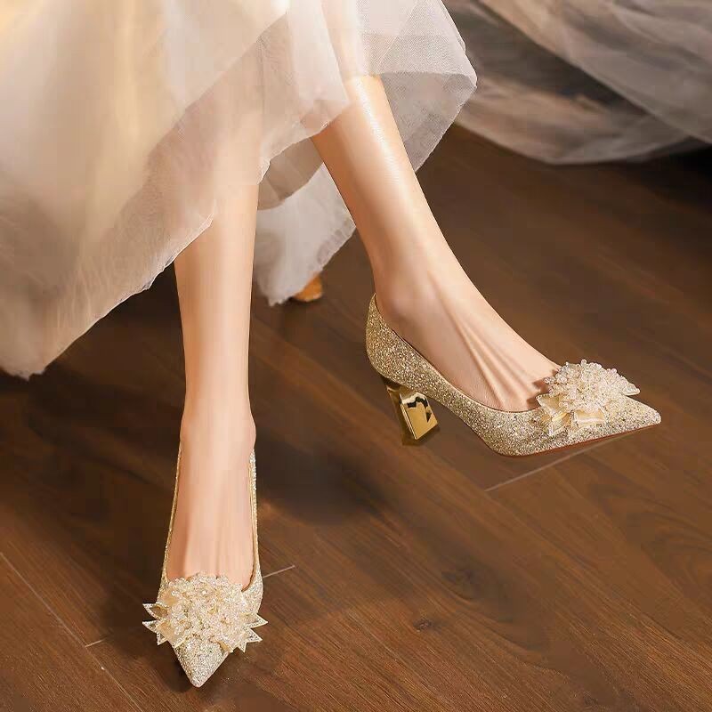 Pump Heel Block - Strass flor bloco salto único sapatos